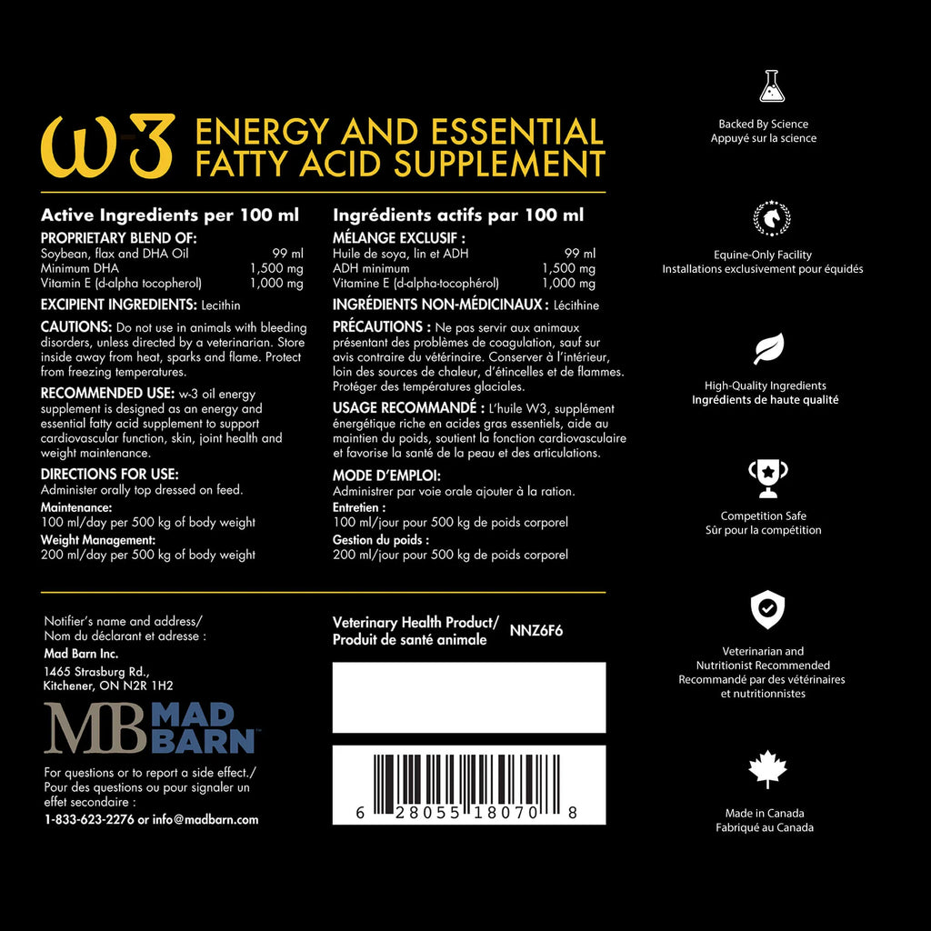 Huile W-3 Energy Madbarn, supplément pour chevaux avec oméga-3, flacon avec étiquette de ingrédients, soin équestre naturel