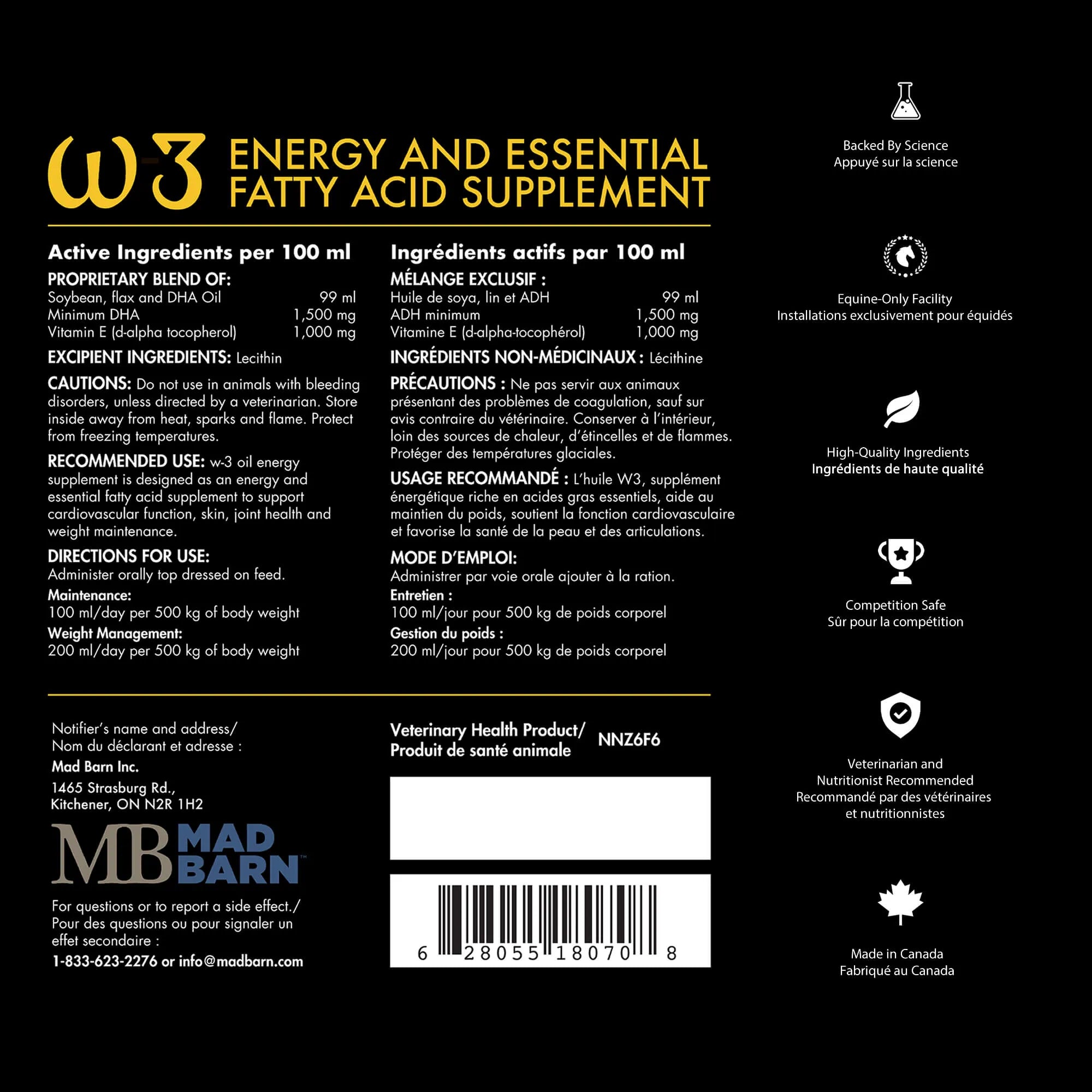 Huile W-3 Energy Madbarn, supplément pour chevaux avec oméga-3, flacon avec étiquette de ingrédients, soin équestre naturel
